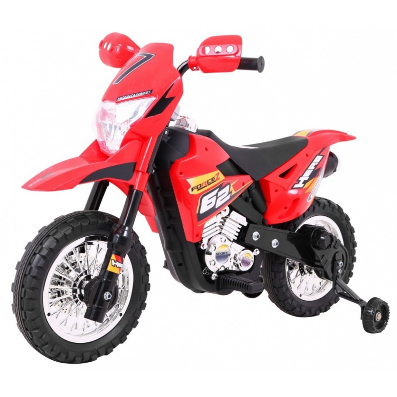 Motorek Cross dla dzieci Pojazd na akumulator Czerwony + Pomocnicze kółka + Dźwięki LED